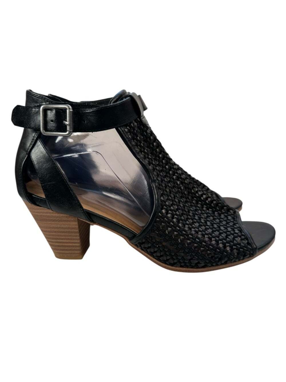 Denver Hayes Black Woven Leather Peep Toe Block Heel Sandals Ankle Strap 10